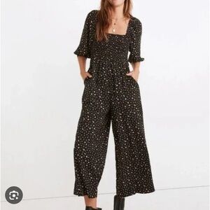 Madewell Lucie Elbow-Sleeve Smocked Wide-Leg Jumpsuit in Stem Scatter